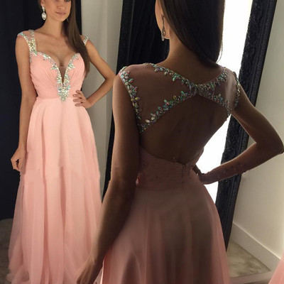 Pink chiffon beading long pom dress for grad,evening dress
