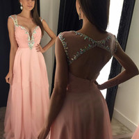 Pink chiffon beading long pom dress for grad,evening dress - Thumbnail 1