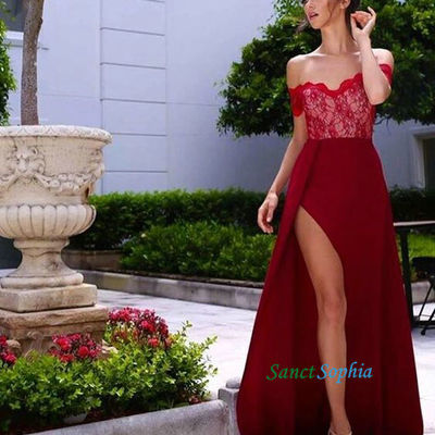 Long a-line off shoulder sleeves burgundy bridesmaid dress,sexy slit burgundy prom dress