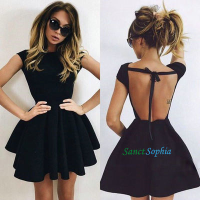 Above knee length black homecoming dress,open back short party dress,black backless cocktail dress