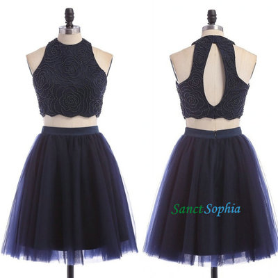 Knee length two pieces dark navy blue homecoming dress,short deep navy blue prom dress