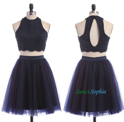 Knee Length Two Pieces Dark Navy Blue Homecoming Dress,Short Deep Navy Blue Prom Dress