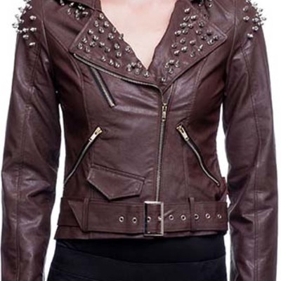 Women studded brown leather jacket, women leather jacket for women punk style