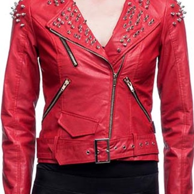 Women red studded fashion leather jacket with shoulder spikes - Thumbnail 4