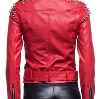 Women Red Studded Fashion Leather Jacket With Shoulder spikes - Thumbnail 1