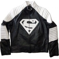 SUPERMAN SMALLVILLE BLACK WHITE GENUINE LEATHER JACKET MEN'S - Thumbnail 2