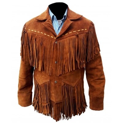 Men's suede fringed jacket brown suede western fringe bones
