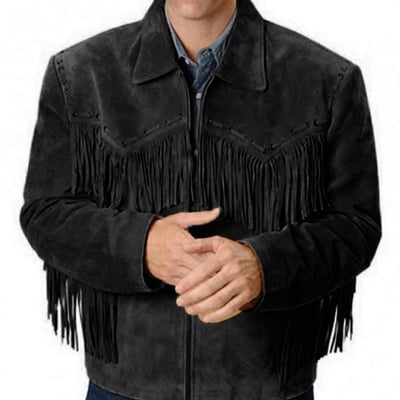 Simple style western leather jacket black fringes design men's