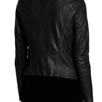 Women Black Wide Collar Leather Jacket,Fashion Zipper Women Leather Jacket - Thumbnail 1