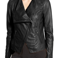 Women Black Wide Collar Leather Jacket,Fashion Zipper Women Leather Jacket - Thumbnail 2