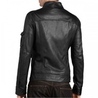 Black Biker front Flap Pocket Sand jacket, Men Slim Fit Leather jacket - Thumbnail 2