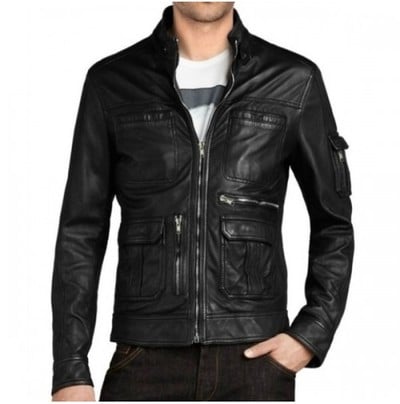 Black Biker front Flap Pocket Sand jacket, Men Slim Fit Leather jacket