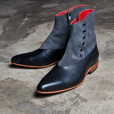 Handmade men leather pointed toe side zipper button ankle high shoes - Thumbnail 5