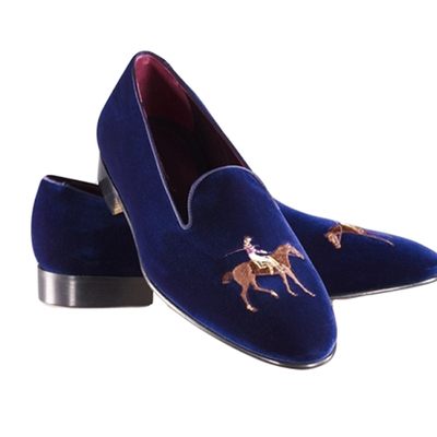 New handmade men's navy blue velvet embroidery shoes men loafer boots - Thumbnail 5