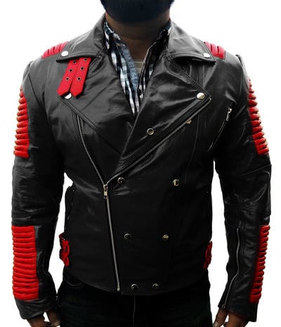 Black Biker Speed Ribbed Red Collar Fashion Leather Jacket Men