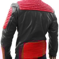 Black Biker Speed Ribbed Red Collar Fashion Leather Jacket Men - Thumbnail 1