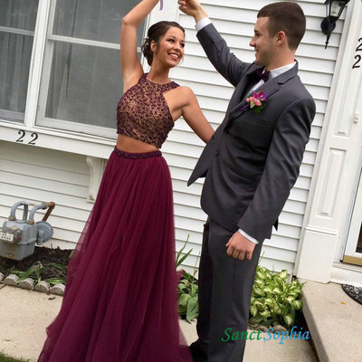 Long two pieces burgundy tulle prom dress,beading 2 pieces graduation dress - Thumbnail 4