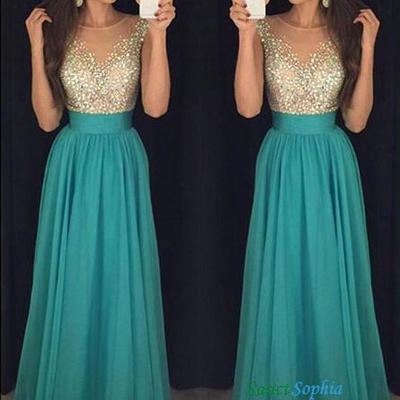 A-line chiffon illusion beading prom dress,long beading green graduation dress