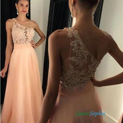 Long one shoulder blush prom dress,full length one shoulder lace graduation dress - Thumbnail 3