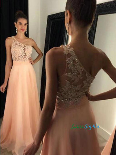 Long One Shoulder Blush Prom Dress,Full Length One Shoulder Lace Graduation Dress