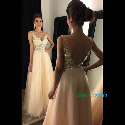 Full length a-line sexy v-neckline blush prom dress,sexy deep v-back blush lace graduation dress,sexy evening dress