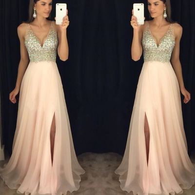 Pink chiffon beading long pom dress for grad,evening dress