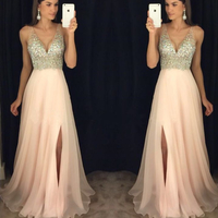 Pink chiffon beading long pom dress for grad,evening dress - Thumbnail 1