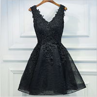 Cute Black V Neck Lace Short Prom Dress, Homecoming Dresses - Thumbnail 1
