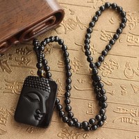 Natural Obsidian Black Buddha Head Pendant with Free Bead Necklace - Thumbnail 2
