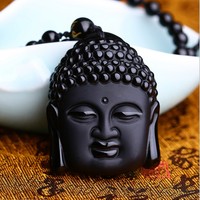 Natural Obsidian Black Buddha Head Pendant with Free Bead Necklace - Thumbnail 3