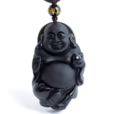 Natural Obsidian Black Happy Buddha Pendant with Free Bead Necklace
