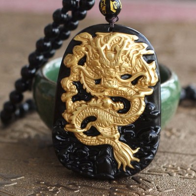 Gold natural black obsidian carving dragon lucky amulet pendant with free bead necklace