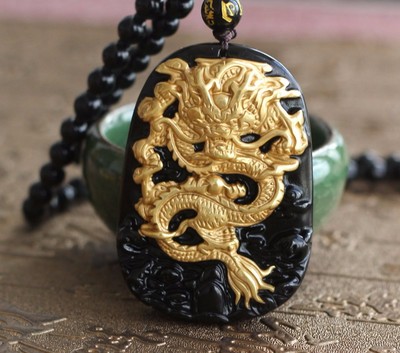 Gold Natural Black Obsidian Carving Dragon Lucky Amulet Pendant with free Bead Necklace