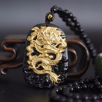 Gold Natural Black Obsidian Carving Dragon Lucky Amulet Pendant with free Bead Necklace - Thumbnail 1