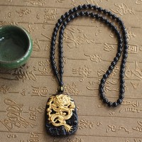 Gold Natural Black Obsidian Carving Dragon Lucky Amulet Pendant with free Bead Necklace - Thumbnail 2