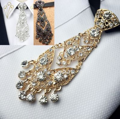 Wedding Men Rhinsetone Crystal Pre-Tied Necktie Bowtie Gold Silver Black Tie