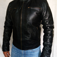 Men Slimfit Leather Jacket Zipper Chest Pocket, Men's Leather jacket - Thumbnail 1