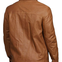 Men Tan Brown Button Style Biker Leather Coat Jacket - Thumbnail 2