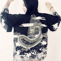 Harajuku Retro Dragon Kimono Bathrobe Tops - Thumbnail 3