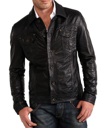 Men Black Signature Shirt Collar Washed Leather Jacket, Men's Leather Jacket 2016
