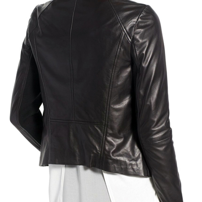 Women's leather moto jacket, wide collar style - new