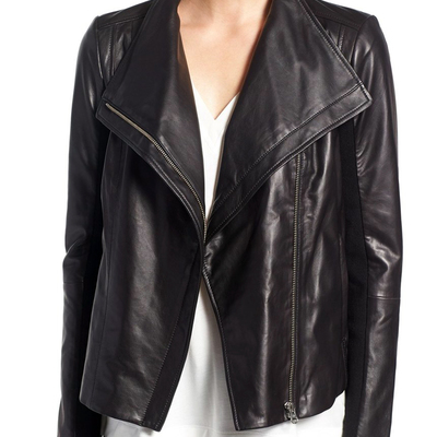 Women's leather moto jacket, wide collar style - new - Thumbnail 5