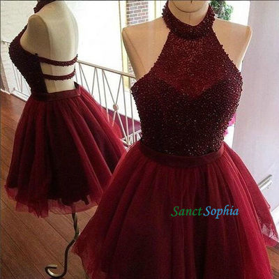 Sexy knee length open back burgundy tulle homecoming dress,knee length halter burgundy tulle prom dress,short burgundy graduation dress