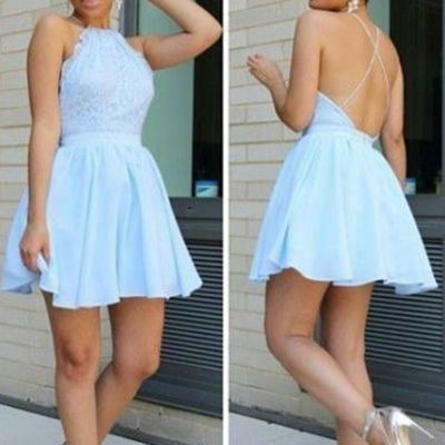Sexy short open back halter neckline light blue lace homecoming dress,short light blue lace graduation dress,short lace prom dress