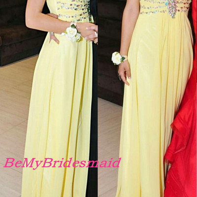 Simple a-line yellow beaded prom dresses, long prom dresses, yellow formal gown