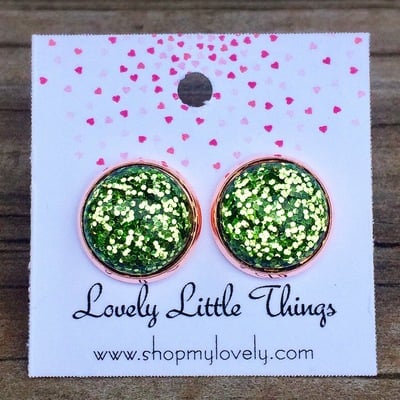 12mm green glitter studs with rose gold setting