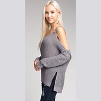 Grey Knit Open Shoulder Top - Thumbnail 1