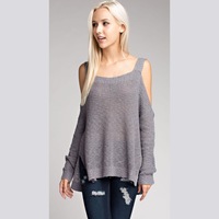 Grey Knit Open Shoulder Top - Thumbnail 2