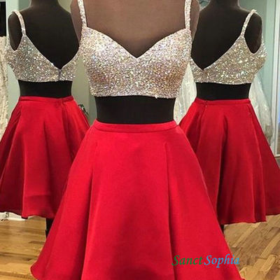 Short two piece beaded red homecoming dress,knee length 2 piece graduation dress,short two piece prom dress