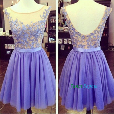 Knee length v-back purple lace homecoming dress,short lace graduation dress,knee length purple prom dress